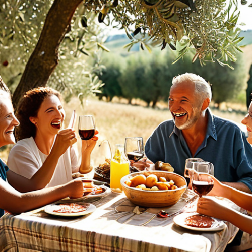 Home 6 **
"A vibrant Italian family enjoying a long, leisurely lunch outdoors in the Tuscan countryside. Sunlight dappled through olive trees, wine glasses filled, laughter and conversation echoing. Capture the essence of 'la dolce vita' with warm, inviting colors and a sense of relaxed joy. Soft focus background."
**